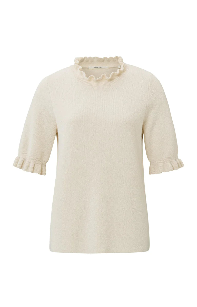 Sweater with round ruffled neck and short ruffled sleeves